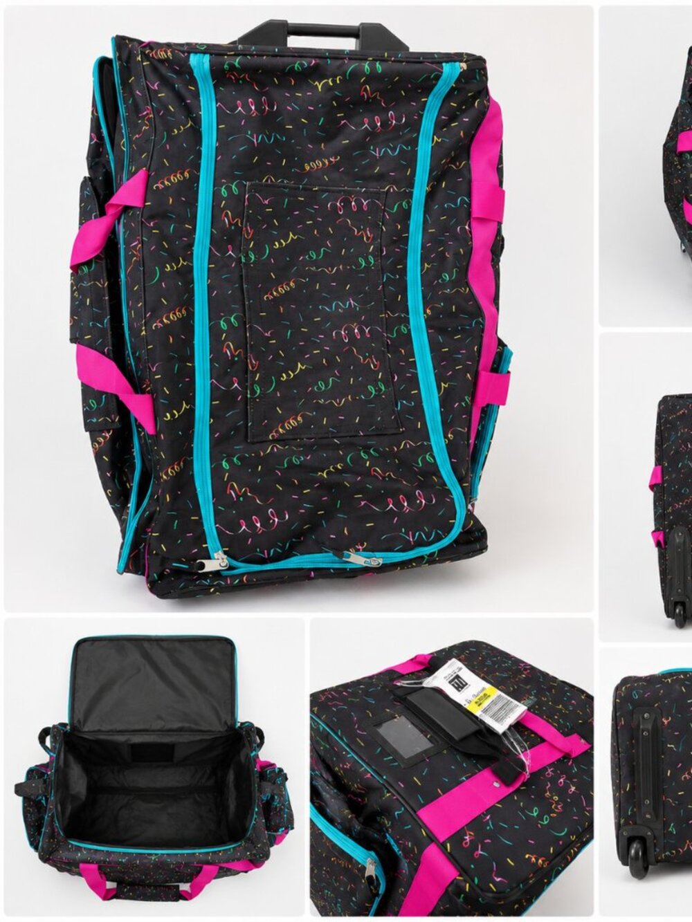 Pack Rack Baton Rolling Travel Suitcase Bag Neon Confetti Print Large Dance Bag